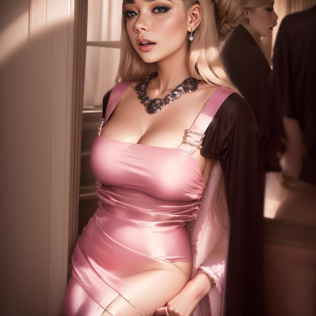 Close-up of a woman in a short dress posing for a photo, tight dress, Fitted garment, a beautiful blonde, Portrait Sophie Mudd, dressed in a pink dress, blonde goddess, Irina Nordsol Kuzmina, ekaterina, wearing an elegant dress, Amazing beauty, Anna Nikonova aka Newmilky, captivating and tempting