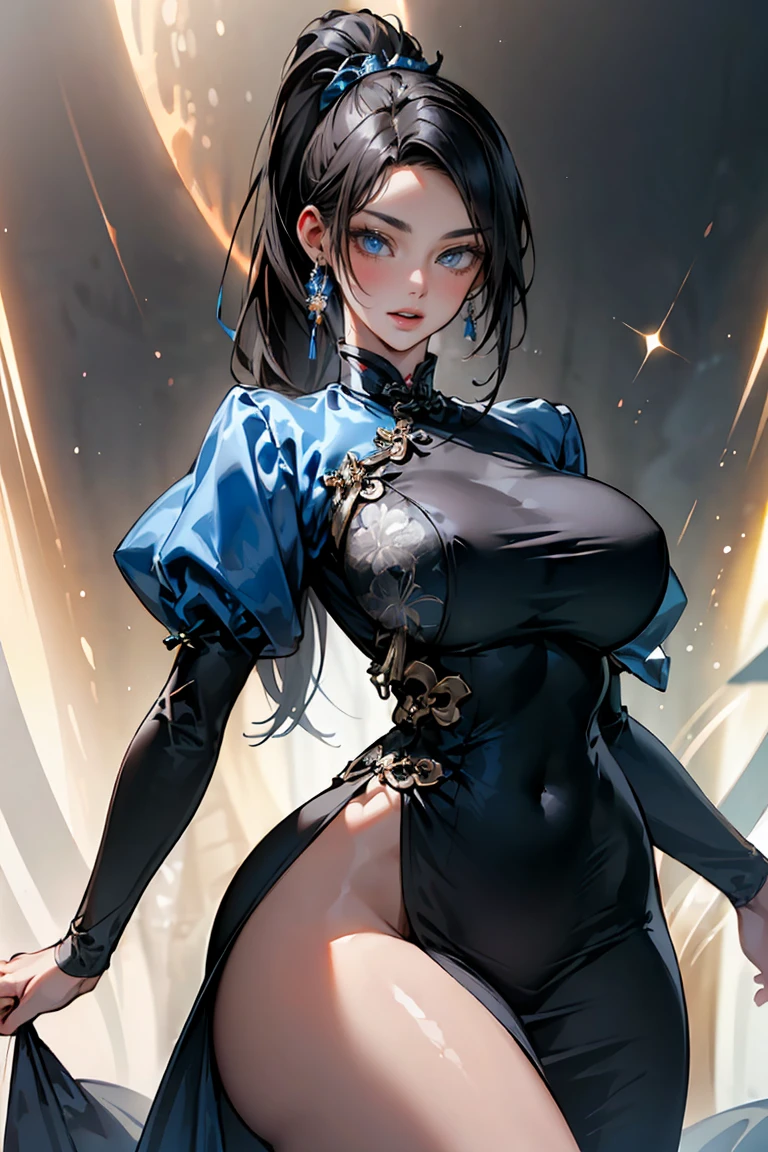 (masterpiece, best quality, perfect face, (beautiful and aesthetic:1.2), extremely detailed, highest detailed face), (beautiful cultivator, (long ponytail hair:1.4), (vivid blue eyes:1.2), (flawless skin:1.3), fake breasts, (narrow waist), (thick thighs), wide hips, long legs, (slender body:1.2), ((very skimpy qipao dress), ((xanxia fantasy backgeound)), (elegant, intricate, detailed digital anime art, high quality, 4k, extremely detailed, sharp, CG, 2D, dramatic light, HDR),