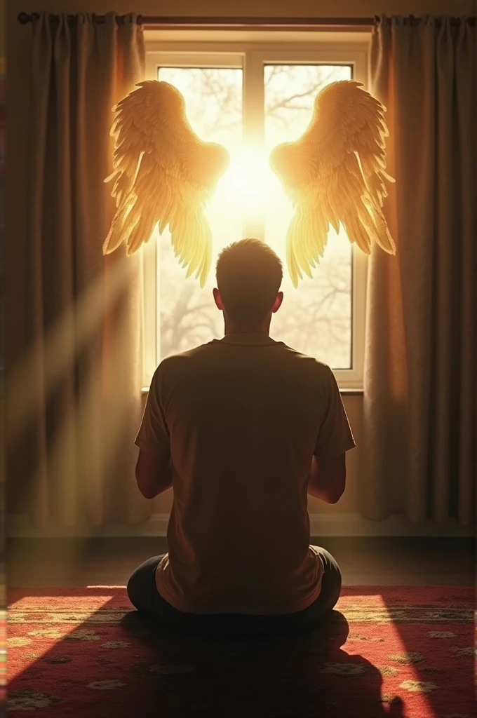 Man praying on his knees in the room and the angels illuminating him