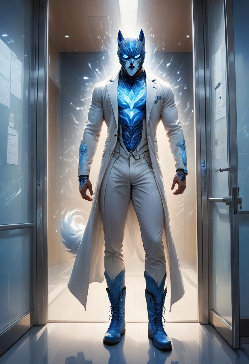 individual, white body, muscle, standing in front of the glass door, lower your head, take notes, Serious expression, frown (doctor clothing,, White mask, notebook, blue pen, white boots, black pattern: 1.2), wolf tail, wolf ears, ((bust)), (indoor: 1.35), incandescent indoor lighting, hospital corridor, shadow (particle, soft light, white glow): 1.3, white coat, anatomically correct, simple background, cartoon, Warm colors, soft lines