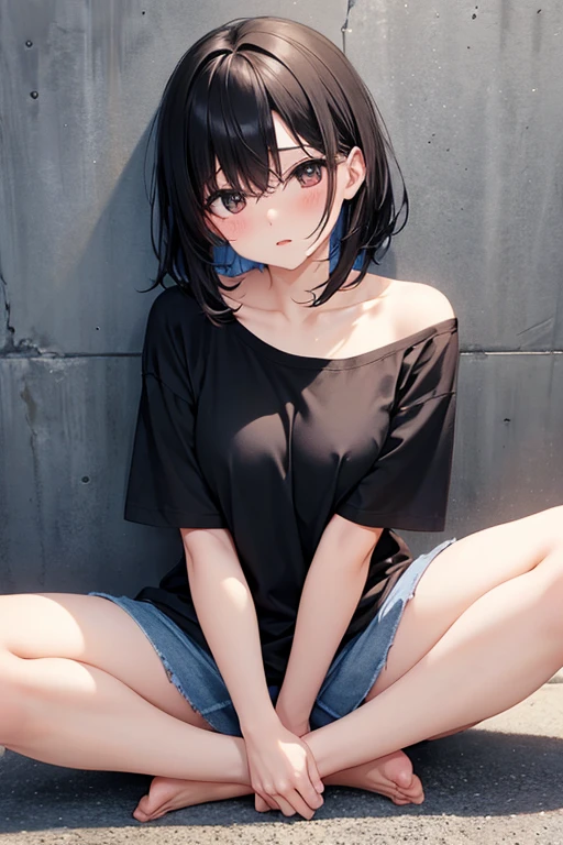 Oversized T-shirt、Move your T-shirt to expose your right shoulder、traight black hair showing underwear、Shortcuts、Remove eye highlights、Blushing、Open your mouth、Sitting on the floor、Spread your legs wide、Leaning against a wall