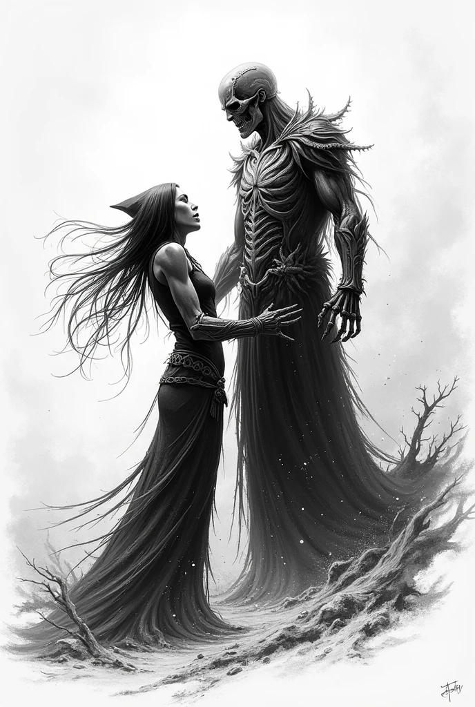 Black drawing representing death and god fight