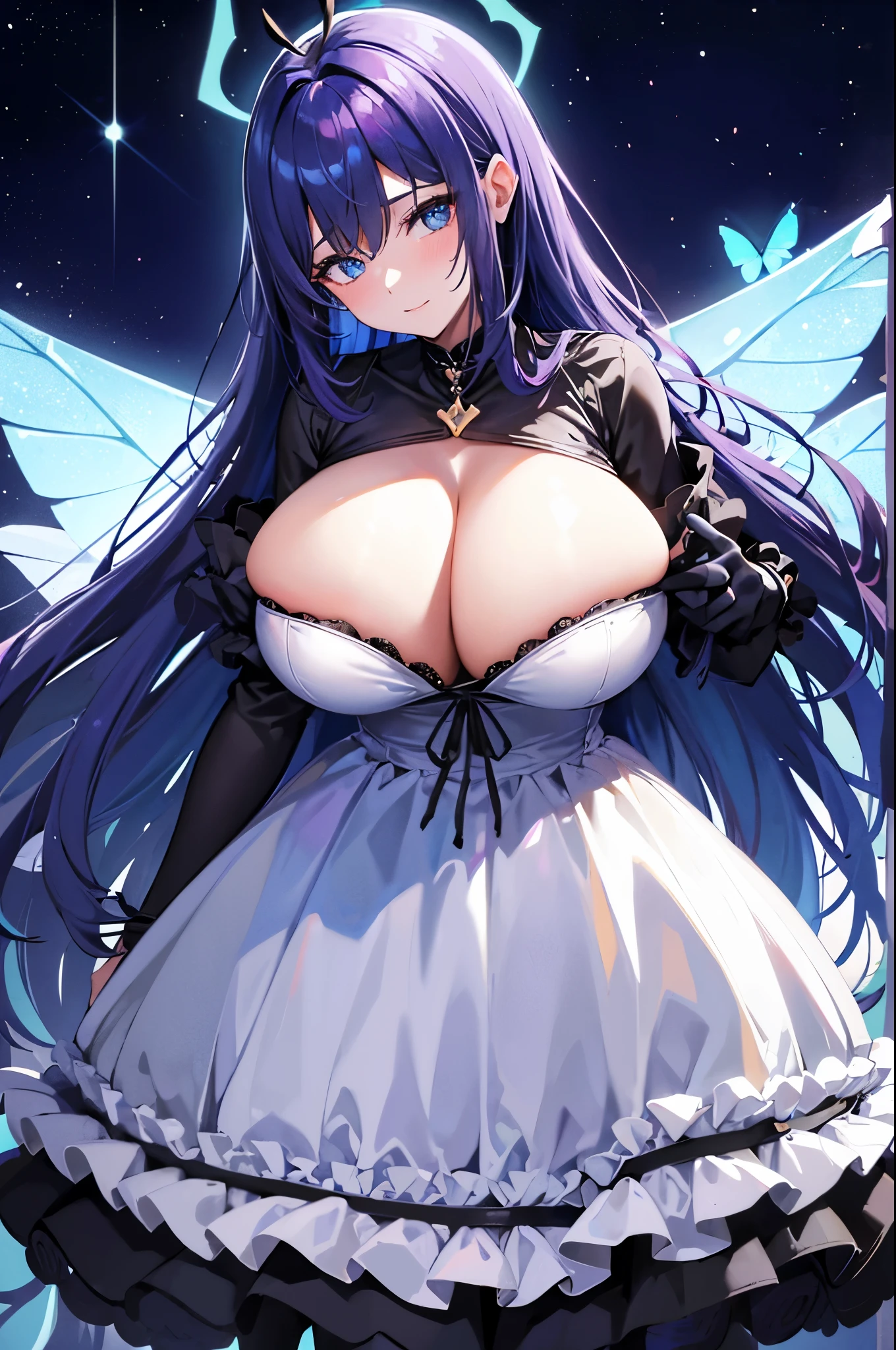 meilleur qualité, Jeune femme papillon, cheveux bleu nuit, Une (gigantesque poitrine:1.4), antenne d'insecte sur la tête, ailes de papillon, Tenue sexy, dans Une nuit étoilée