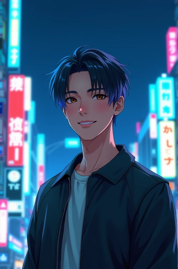 create a realistic image of a Japanese man with black hair, smooth ass, lightly dyed lightly with blue highlights, Jovial appearance, light skin tone, brown dark eyes. standing showing the whole body,  on a background with Tokyo buildings in neon blue colors 