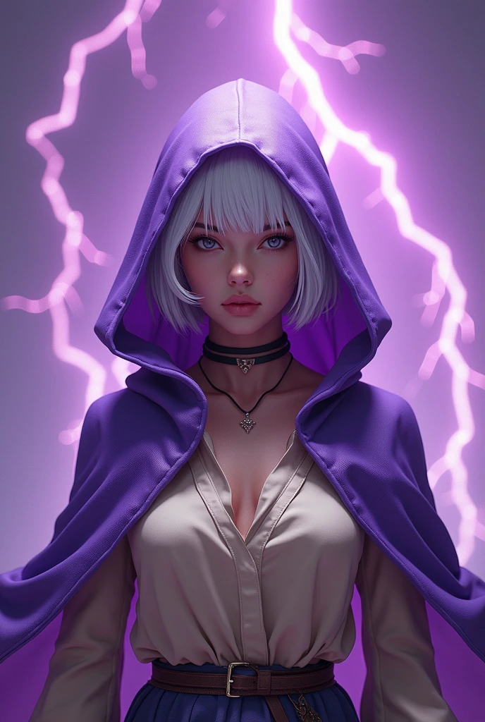 Free fire game style character,with white hair short white hair and purple hood beige blouse Goddess Purple background with thunder