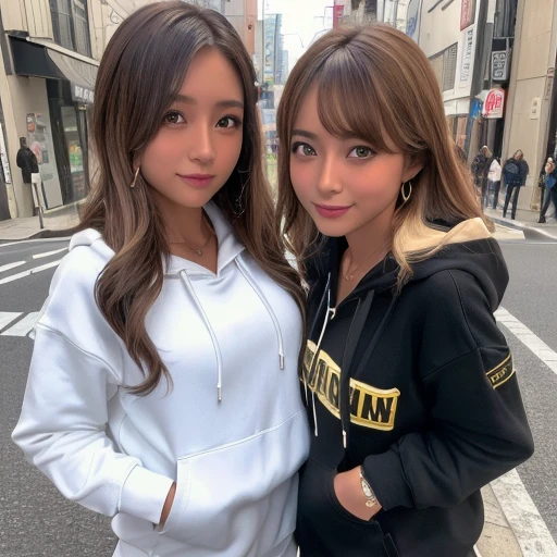 (Highest quality、4K、8k、High resolution、masterpiece:1.2)、Very detailed、(Genuine、Realistic、Realistic:1.3)、bustling street、smile、(Two japanese Girls)、one girl Brown-haired and short hair、one girl blond and longhair、Ear piercing、、Gal Makeup、Gal Fashion、hoodie、cargo pants、Necklace、Bracelets