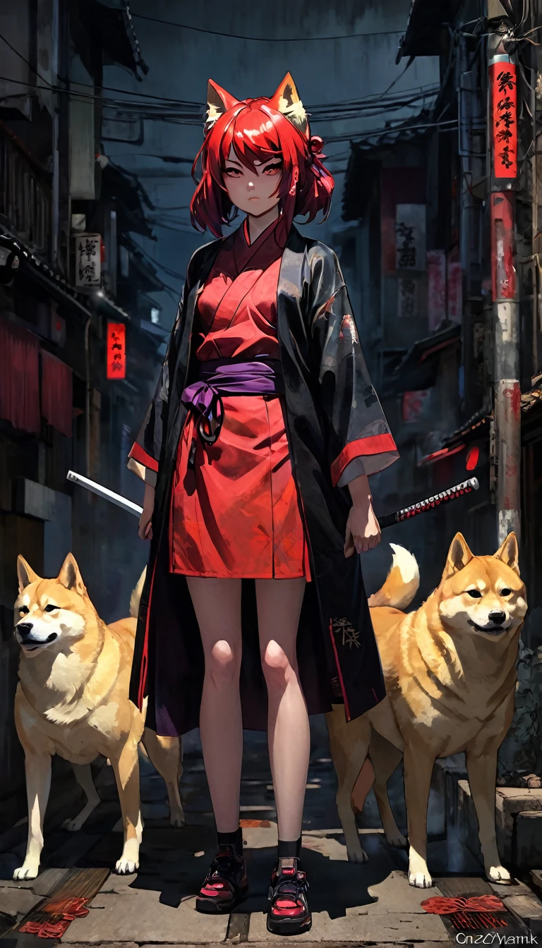 A girl who looks at people who ask her to dogeza with contempt., Love is war, Maximum facial details, Maximum detailed textures, Maximum detailed shadows, Maximum detailed backgrounds, ,full body,Oni Girl, ,Nakiri Ayame, Bill Sienkiewicz inspired art