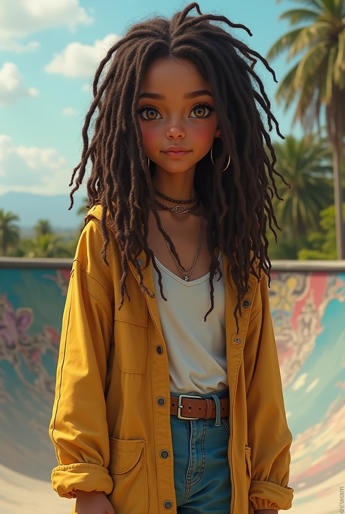 White Brazilian girl with skater style, baggy clothes and dreadlocks, dark brown curly hair, light brown eyes and a bit sloppy, a bit reggae style