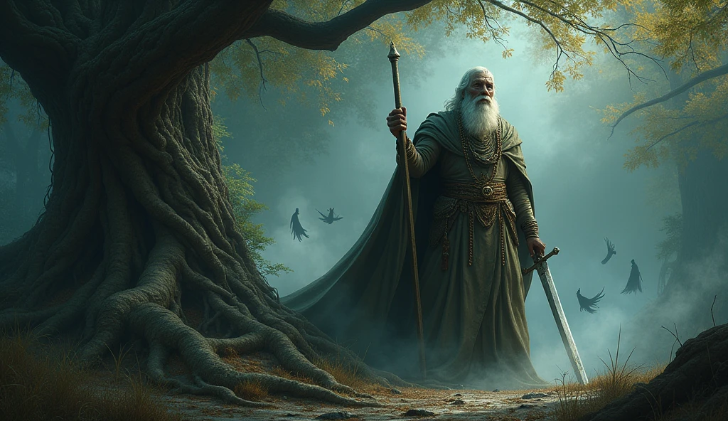 Zolani the king, drew his sword and plunged it into the earth. The ground trembled, and from the roots of the tree, spirits emerged, wailing in torment.These were the souls of those who had died trapped between worlds by his cruelty. The spirits swirled around the king, their agony filling the air with a mournful cry.
The tree is an almost eerie presence, their roots twisted and gnarled, reaching deep into the earth. Deeper into the forest, partially hidden by shadows.
The king is an old wise king, dressed in regal but worn-out attire.