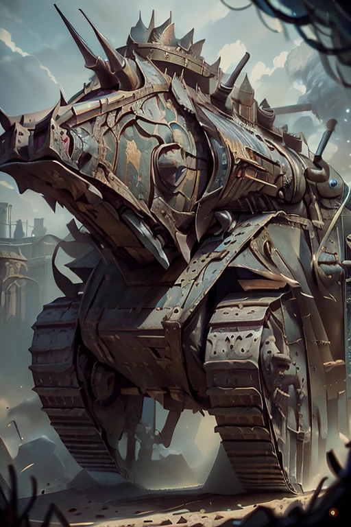 (Ultra-detailed face, looking away, Fantasy Illustration with Gothic, Ukiyo-e, Comic Art, Rich colors), 
BREAK 
A heavily armored military steampunk tank:1.5, detailed metal plating, large treads, turret with a massive cannon, military camouflage pattern, steam punk style tank, realistic 3D rendering, highly detailed, steam powered, cinematic lighting, dramatic shadows, gritty and grungy, epic scale, award-winning digital art, ultra-high definition, photorealistic, masterpiece, Giant African elephants armored tank、canons mounted on elephant, Elephant is a tank with mounted canons on it、Detailed and dynamic, Fantasy Art 