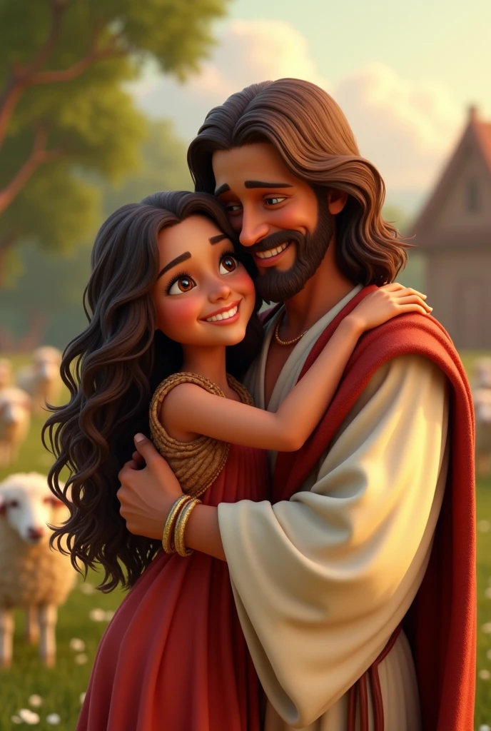 a 3d pixar disney style movie poster with the text "Maria Isabel" + jesus hugging a woman with a smile on his face, Jesus hugging a woman, Jesus Christ, emotional image, father, Bible illustration, incredibly beautiful, profile picture, tones earthy, the happy young girl with long, brown and curly hair, brown eyes with Jesus hugging her affectionately like a father and with a background of a garden and sheep, the young girl is a little chubby