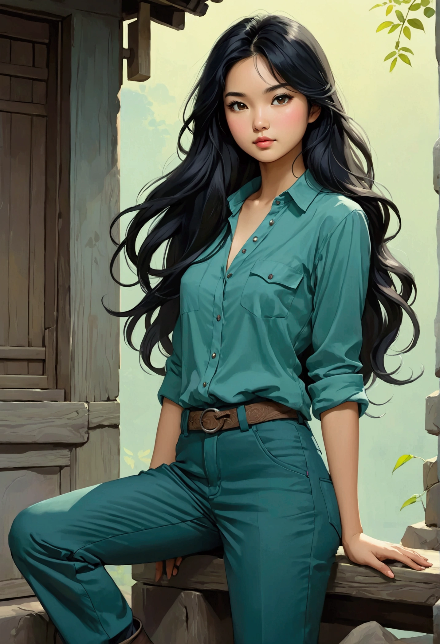 A beautiful young Asian girl in the style of Sarah Kay, with long black hair, delicate Asian features, dressed in a petrol-colored shirt and dark gray pants, and boots, is in a relaxed attitude.