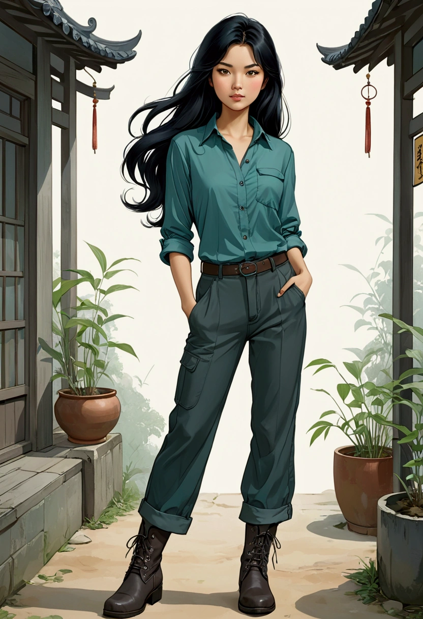 A beautiful young Asian girl in the style of Sarah Kay, with long black hair, delicate Asian features, dressed in a petrol-colored shirt and dark gray pants, and boots, is in a relaxed attitude.