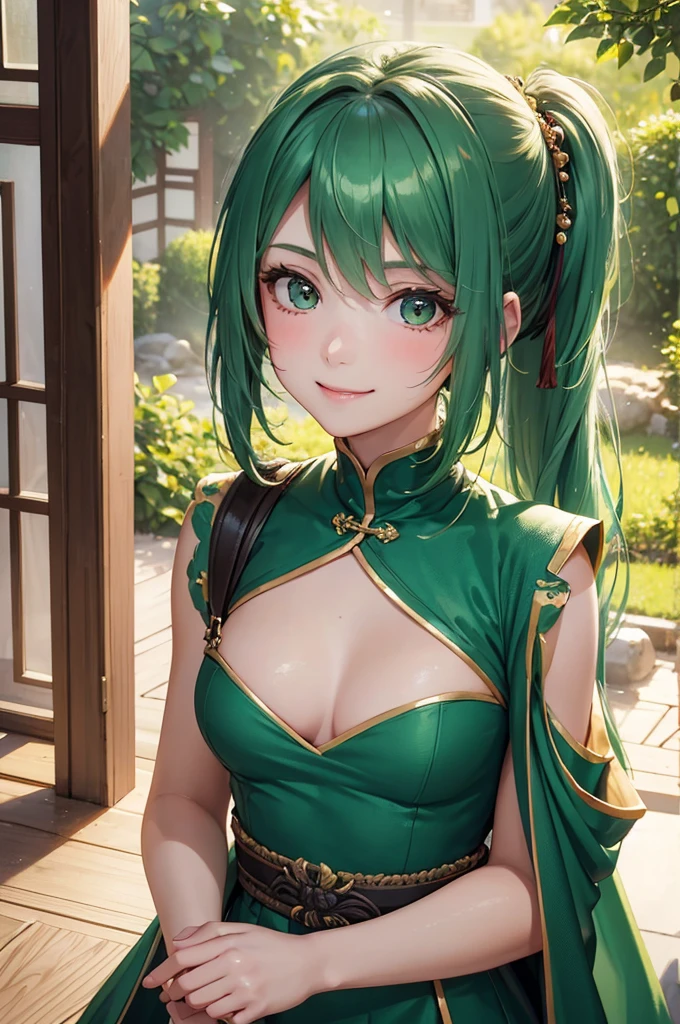 Best Quality,High resolution,8k,finelity detailed background,Masterpiece:1.2),beautiful girl,Shiny green hair,pony tail,Green Eyes,Gentle look,A refreshing look,smile,Best quality,Best Quality,Aesthetic and aesthetic:1.2,Best details((Super detailed))(High-definition CG illustrations),China dress,Slender body,Japanese garden,smile,blush,cute,Scrounge,Looking up,Being spoiled,super model