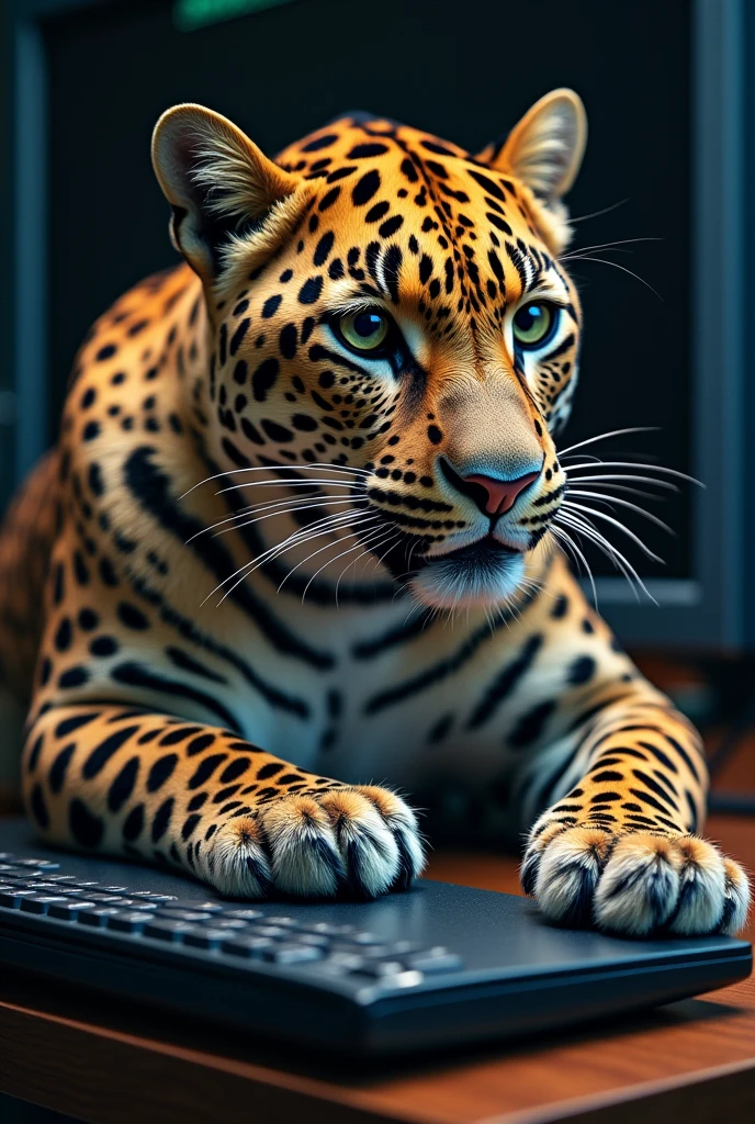 make a leopard with a computer and have LayerZero written on the monitor