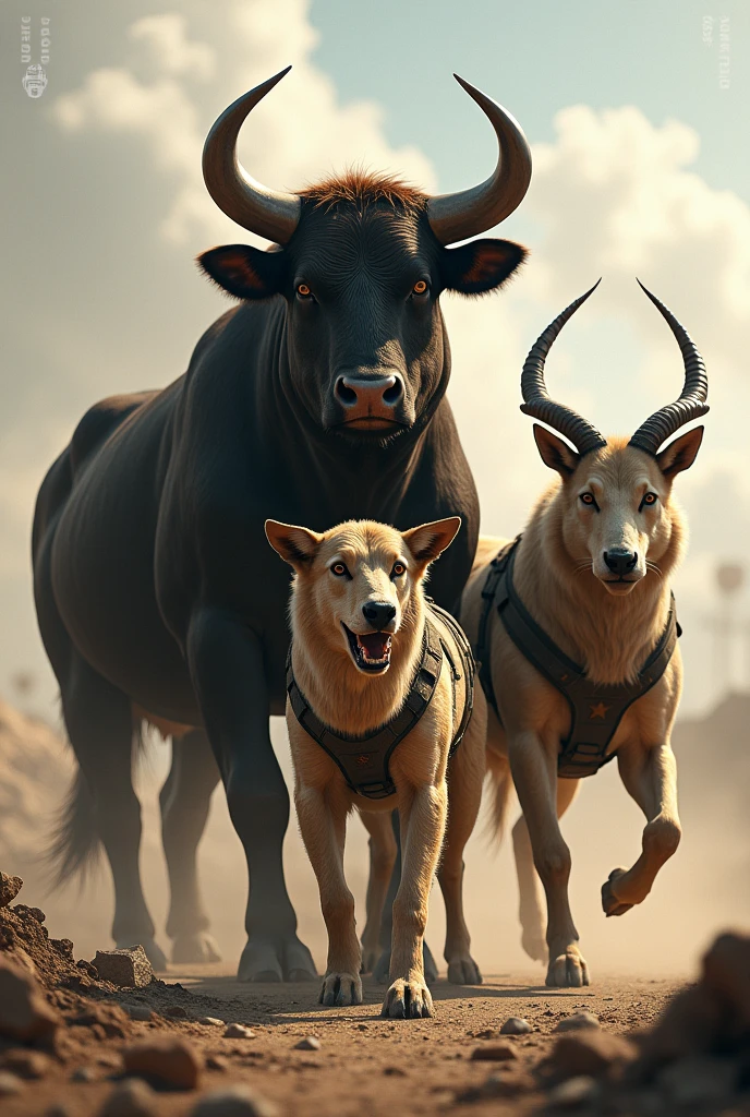 Military bull, military dog and military goat
