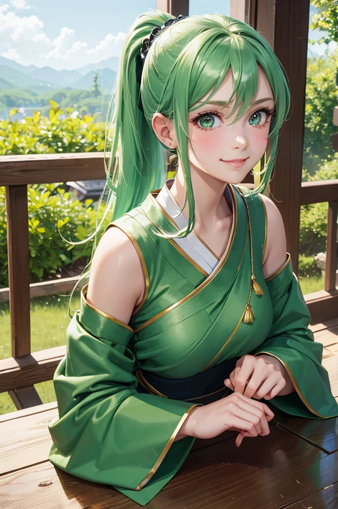 Best Quality,High resolution,8k,finelity detailed background,Masterpiece:1.2),beautiful girl,Shiny green hair,pony tail,Green Eyes,Gentle look,A refreshing look,smile,Best quality,Best Quality,Aesthetic and aesthetic:1.2,Best details((Super detailed))(High-definition CG illustrations),China dress,Slender body,Japanese garden,smile,blush,cute,Scrounge,Looking up,Being spoiled,super model