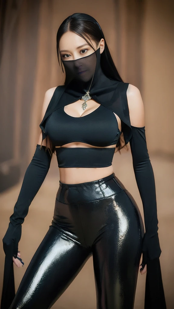 (lifelike, high - resolution:1.3),full body , 1 girl with a perfect body, Super fine face and eyes,long hair, midriff black colors:1.2, black shiny leggings,face veil, big boob,Expose cleavage, ninja pose, leather boots.