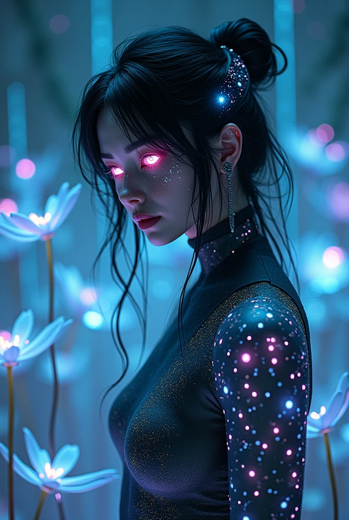 A futuristic, otherworldly woman with luminous, neon black features. Her eyes and hair emit a radiant, dark glow, blending seamlessly with the surrounding environment. The scene is set in an enchanted digital forest, where holographic plants and flowers pulse with a soft, ethereal black light. Her skin is slightly reflective, with shimmering patterns that mimic the constellations. She stands gracefully among the glowing flora, her expression calm and inquisitive, embodying the mystique of a cybernetic fairy in a surreal, neon-lit landscape."

 