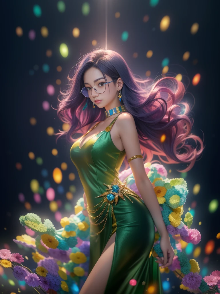 (《One Piece》Nicole Robin)Beautiful woman in colorful crystal dress and glasses,Delicate and beautiful facial features,Sparkling crystals,refracted light,There are a lot of multicolored halos, 8K, Amazing artwork, Beautiful digital artwork, Detailed digital anime art, Guviz-style artwork, style of anime4 K, Digital anime art, 8k high-quality detailed art, Ross Tran 8 K, Anime style. 8K