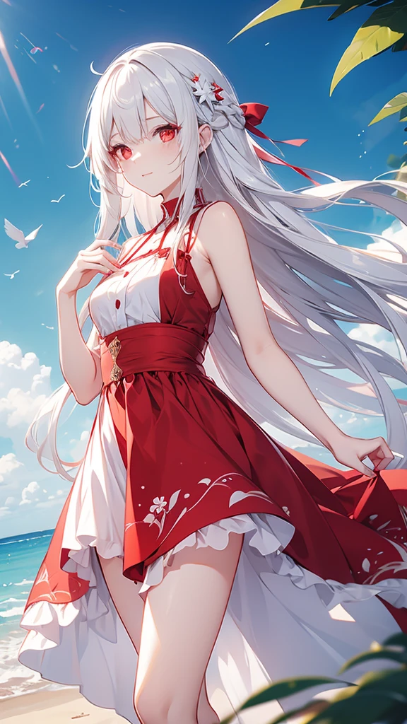 Long white hair, red eyes, woman, adult, summer dress