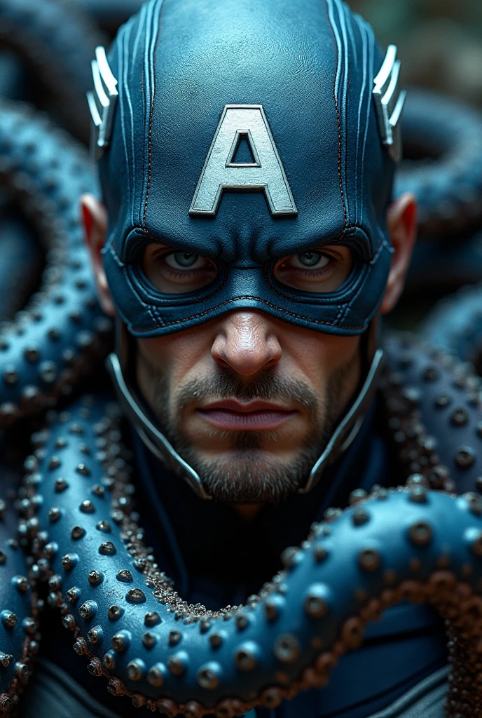 tmasterpiece，Close-up of captain america wrapped in tentacles，Cunning characters，
Featured Dark Academy，iconic album covers，Cthulhu，Daniel Gerkhaz style ，Surrealist comic book style ，fisheyelens，Limit the viewing angle,4k