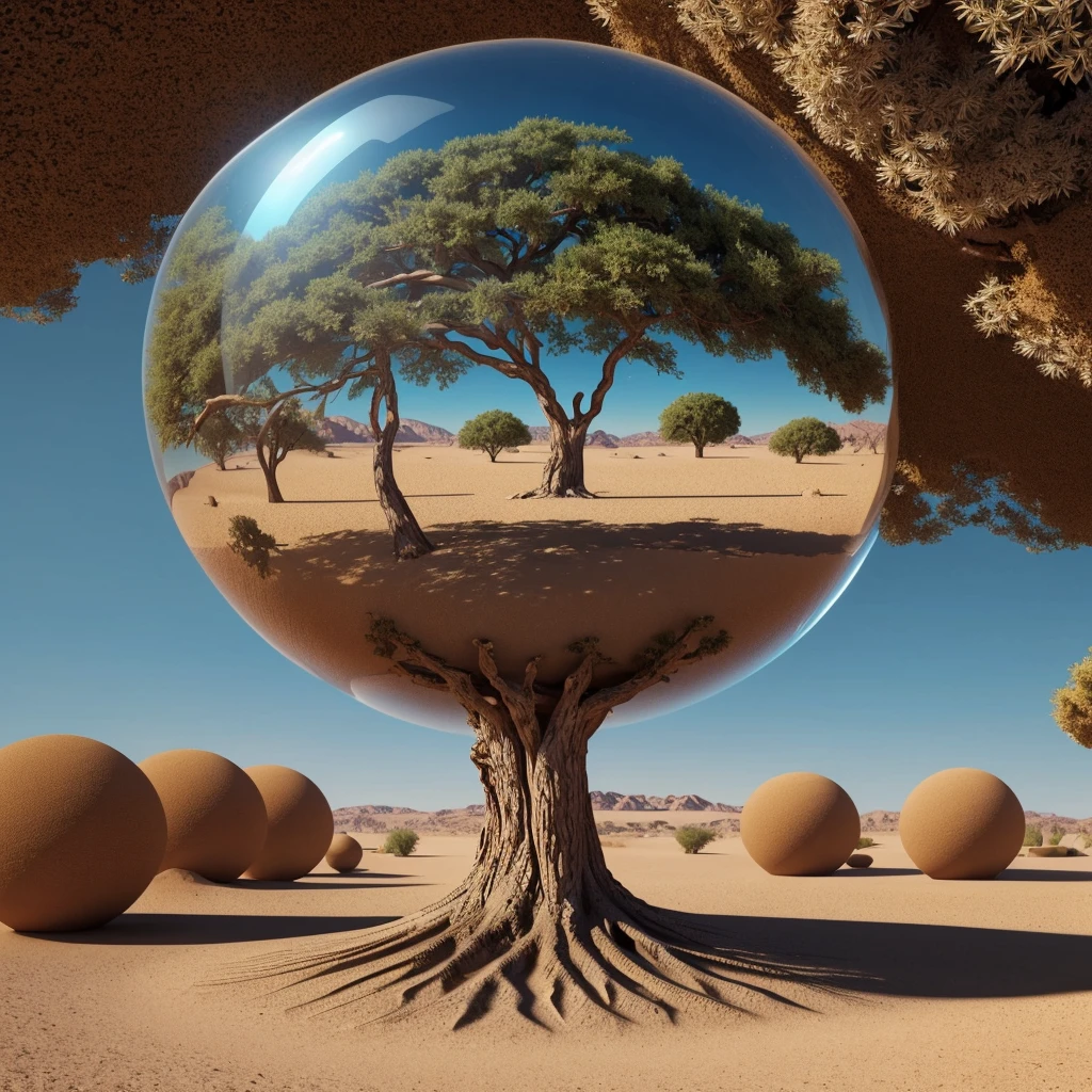 arafed image of a tree inside a glass ball on a desert landscape, tree of life inside the ball, surrealistic digital artwork, surrealism 8k, surreal digital art, surreal art, surreal 3 d render, 3d render digital art, marc adamus, surreal concept art, 3 d render beeple, stylized digital art, 4 k surrealism