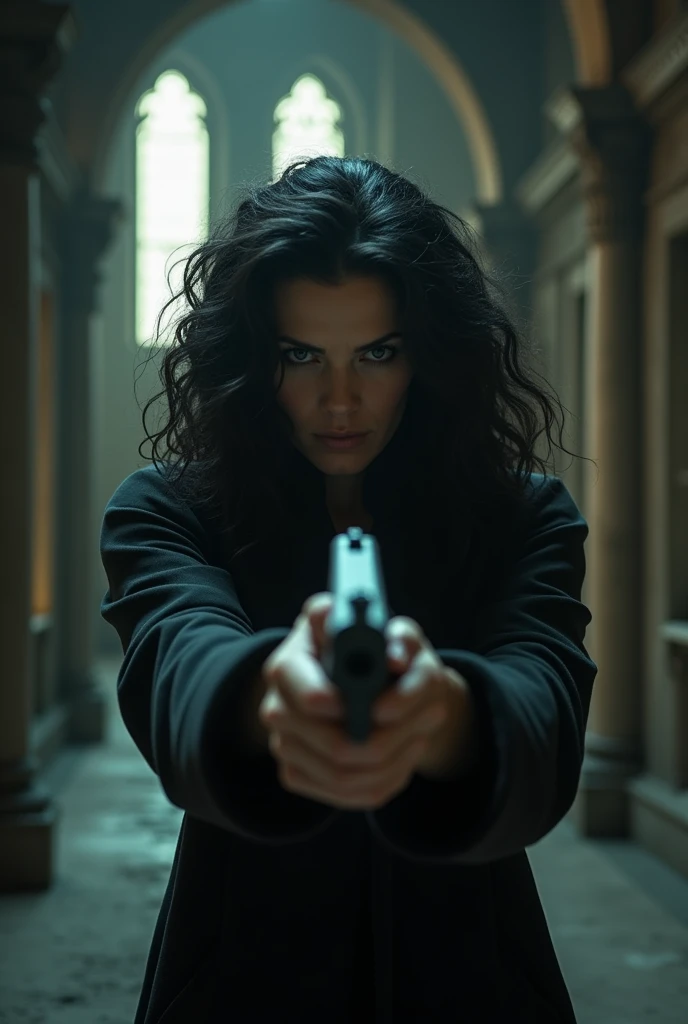 A grown up powerful woman, staring angrily into the camera holding a gun at the scope, she's dark and curly, her eyes look like onyxes, she's in a big gothic castle, It should be similar in appearance to mommy for teenagers 

