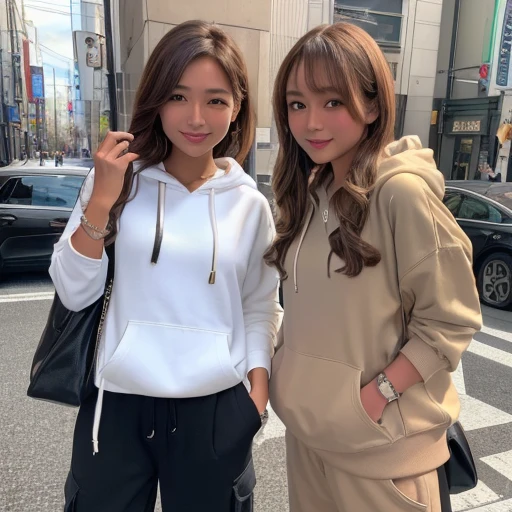 (Highest quality、4K、8k、High resolution、masterpiece:1.2)、Very detailed、(Genuine、Realistic、Realistic:1.3)、bustling street、smile、(Two japanese Girls)、one girl  Brown-haired shorthair、one girl blond longhair、Ear piercing、、Gal Makeup、Gal Fashion、hoodie、cargo pants、Necklace、Bracelets