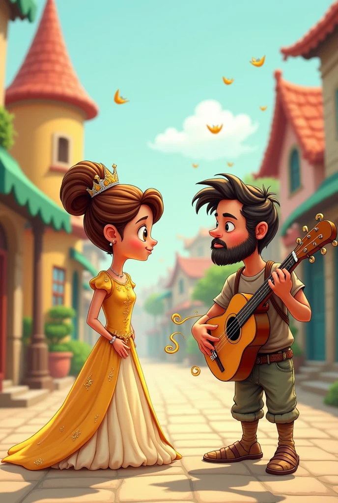 Create a Cartoon style image of a princess talking to a poor musician villager