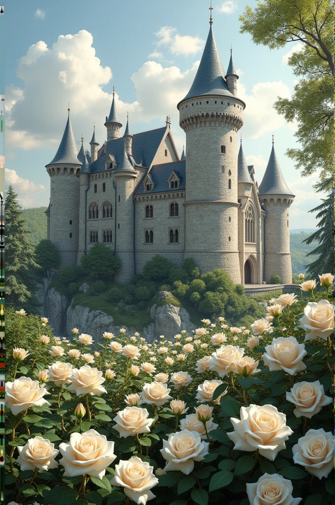 Create an image of a castle full of white roses in medieval style