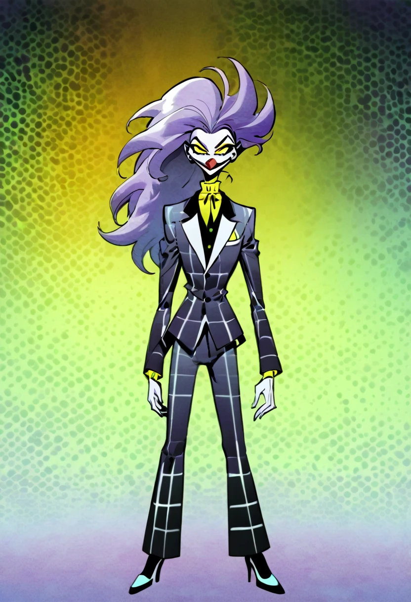 Slapstick,a cartoon Marvel Comics character,femboy,skinny,long hair,purple hair,androgynous,male focus,flat chest,white pale skin,toon,yellow eyes,a goofy physique,full body,clown,elegant suit,inspired by the style of The Mask comics/Bill Sienkiewicz, 90’s comics, masterfully rendered with exceptional detail and cartoony, vivid colors,psychedelic background and funky lighting.