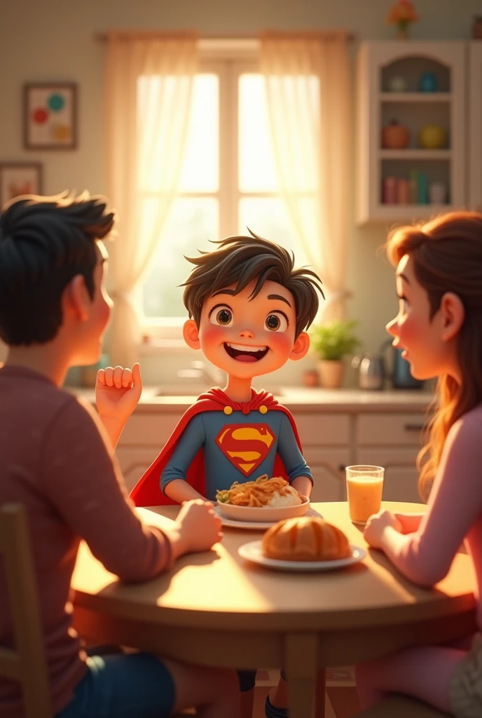 Create an image

**Scene 2: Breakfast with Family**

*Int. Kitchen - Morning*

*Tommy* sits at the kitchen table with his family, wearing his cape proudly.

**Mom**: "What are you up to today, Captain Kindness?"

**Tommy**: "I'm going to spread kindness everywhere I go!"

*Tommy* finishes his breakfast quickly and grabs his backpack.
