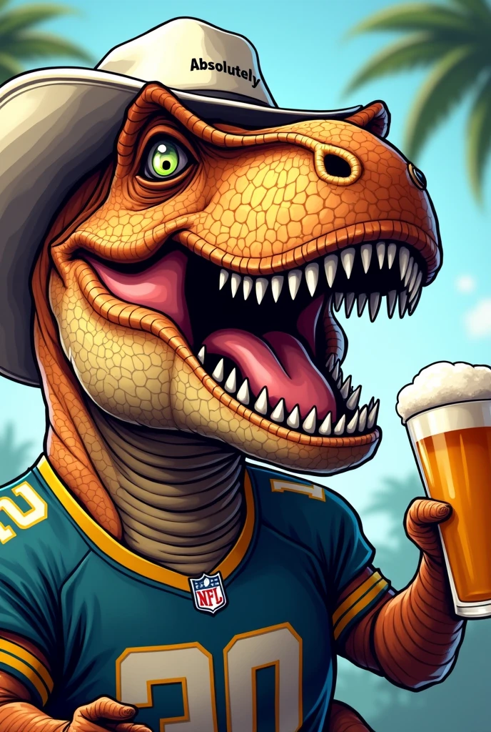 Generate a profile picture from a T-Rex comic style selfie (Dino close to the camera)

With football jersey on ("Absolutely" His name is on the top right of the jersey)

White cowboy hat or bucket hat on the head Beer in the hand More conspicuous hat Dino obviously takes the selfie himself
