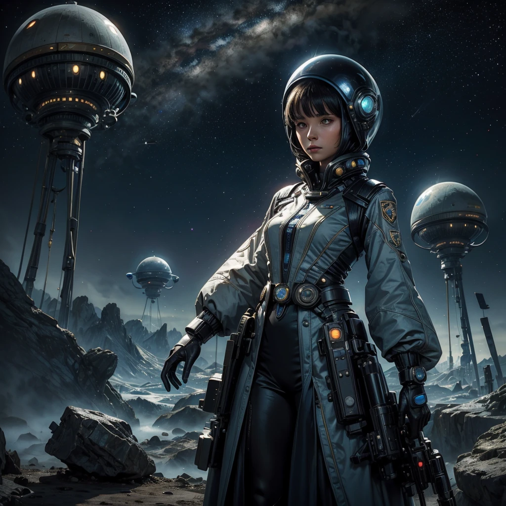 
a woman in a futuristic uniform of the interplanetary fleet rests in an alien village of a planetary colony, the alien village is populated by strange and surreal alien figures, the village is made up of alien houses and a planet can be glimpsed in the sky, the woman's uniform features some insignia from the interplanetary fleet