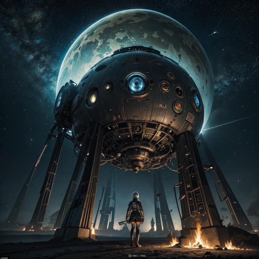a woman in a futuristic uniform of the interplanetary fleet rests in an alien village of a planetary colony, the alien village is populated by strange and surreal alien figures, the village is made up of alien houses and a planet can be glimpsed in the sky, the woman's uniform features some insignia from the interplanetary fleet