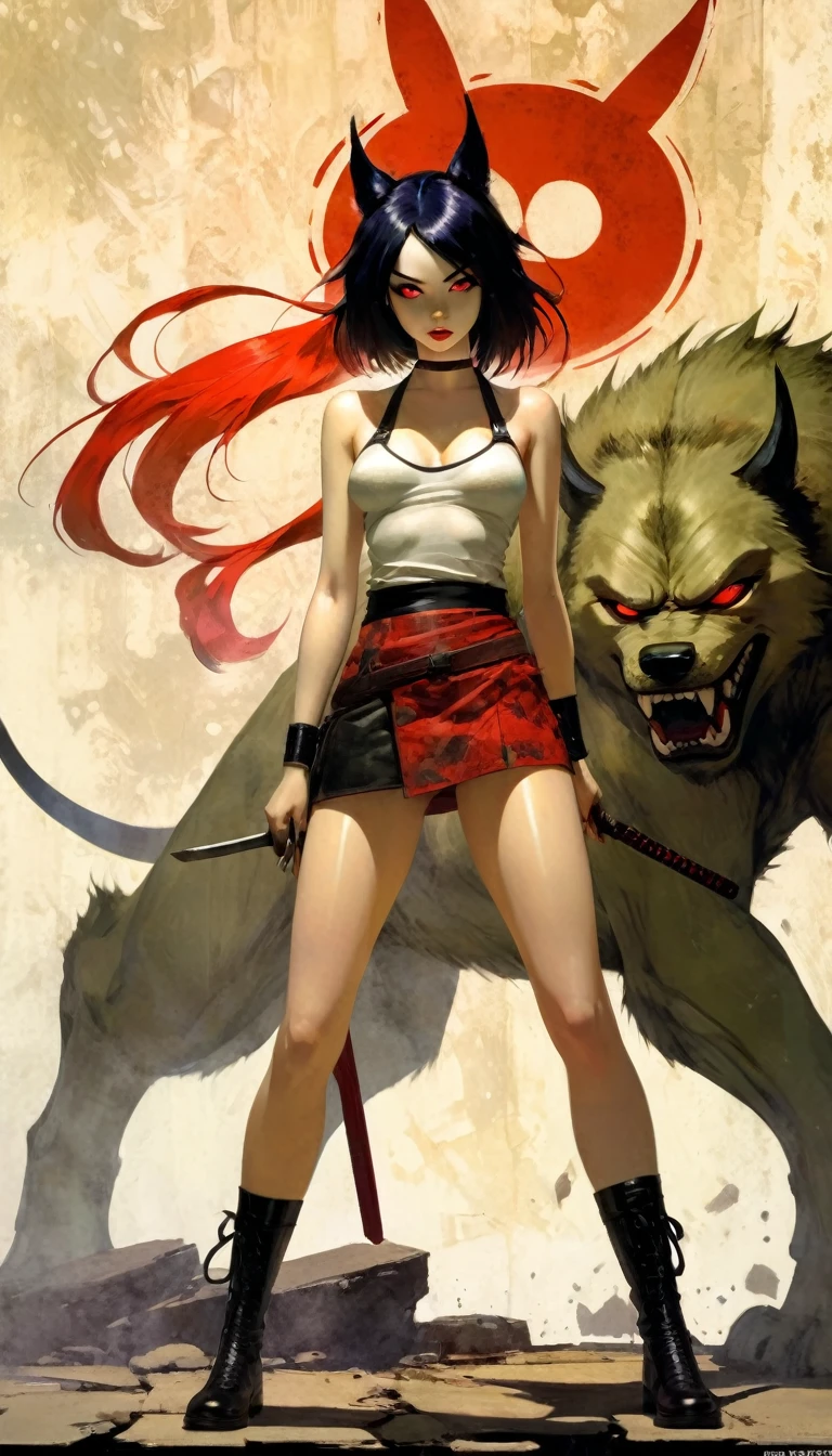 A sexy girl who looks at people who ask her to dogeza with contempt., Love is war, Maximum facial details, Maximum detailed textures, Maximum detailed shadows, Maximum detailed backgrounds, ,full body,Oni Girl, ,Nakiri Ayame, Bill Sienkiewicz inspired art
