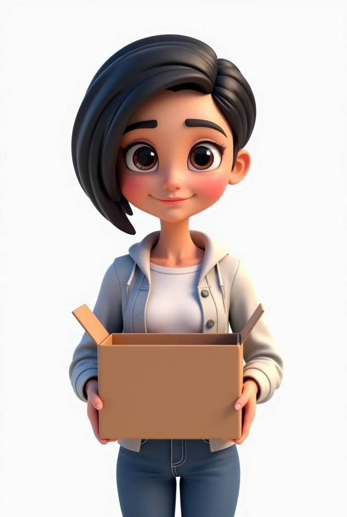 Cartoon 3D, A young woman, with very short hair, smooth and black, olhos grandes e pretos, with a white t-shirt and jacket and jeans and wearing all stars, the setting is a white background and she is looking forward with an open box in her hands showing it to the audience