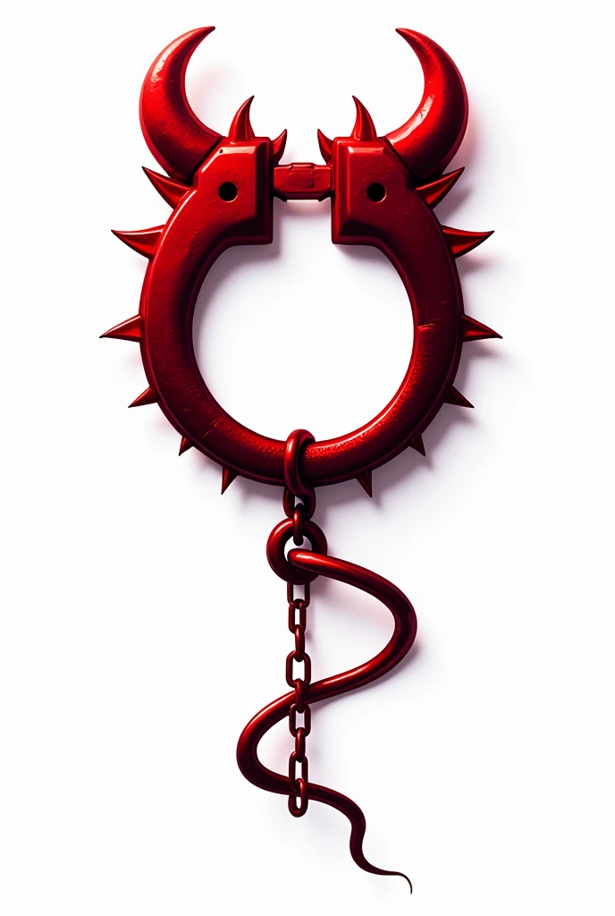 (logo design) sexy evil logo, a sexual striking red handcuff, adorned with demon horns and a sinuous chain tail extending from the base, dynamic and bold, emphasizing a dark theme, glossy finish, high-resolution, creating an impression of sexuality and power. White background. 