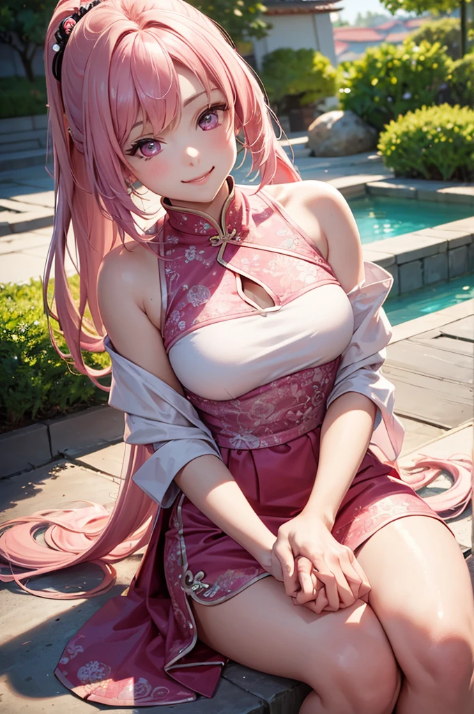 Best Quality,High resolution,8k,finelity detailed background,Masterpiece:1.2),beautiful girl,Shiny pink hair,pony tail,Pink eyes,Gentle look,A refreshing look,smile,Best quality,Best Quality,Aesthetic and aesthetic:1.2,Best details((Super detailed))(High-definition CG illustrations),China dress,Slender body,Japanese garden,smile,blush,cute,Scrounge,Looking up,Being spoiled,super model