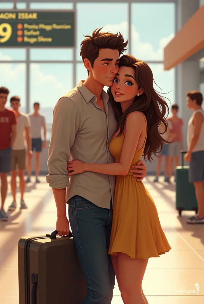 Man(zack) and woman(muno) sitting
at airport, which a woman welcoming a man