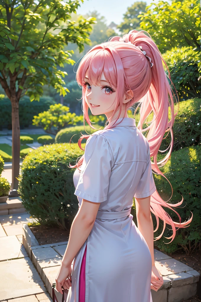 ((work of art)), (best qualityer), (detailded), 1 girl,
gazing at viewer,  (lipstick:0.75), leaning forward,
long pink hair, twintails,
colorful thighs,
winter, bright coloured, Beautiful breasts, beautifull butt,light pink outfit ,a random profession cosplay.. objects on the procession, chair ,Enter details of your chosen profession 
 
