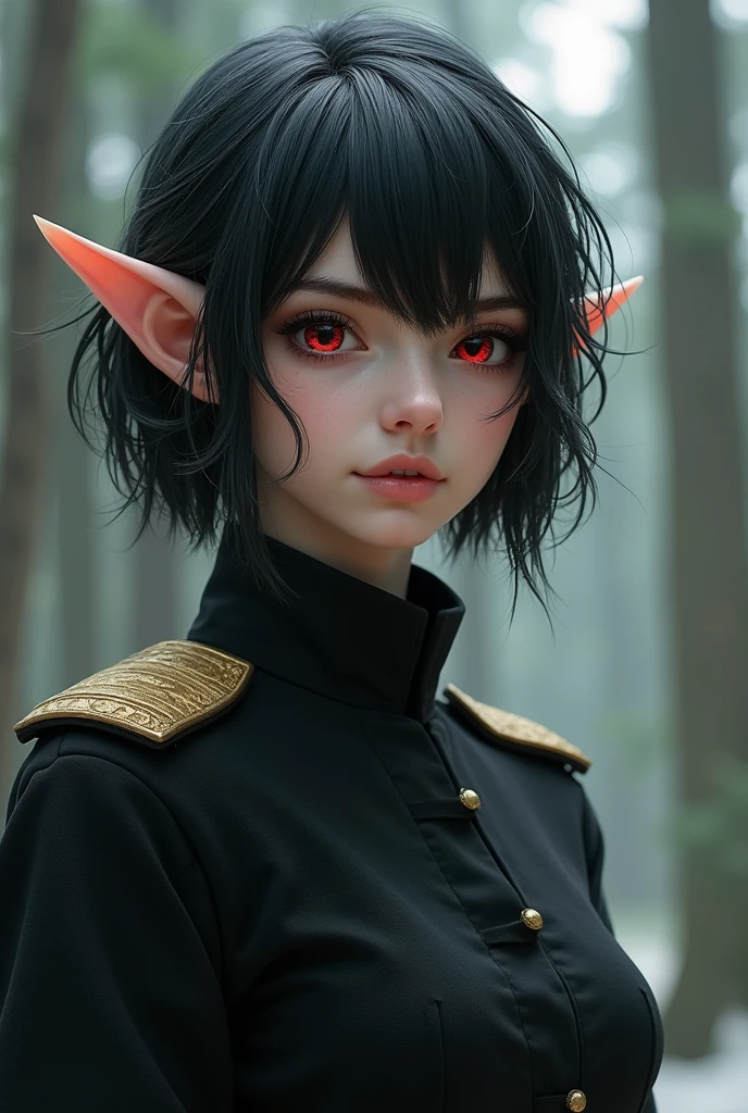 She is a 22 year old girl with elf ears, one small fangs, blood-colored eyes and pupils similar to those of wolves, hair black as night,but with silver locks, short to the neck and wavy. a plain military suit with nothing. Medals or buttons, only in black, a cold personality, He is a student at the military academy "war and dragons" from the land of the elves