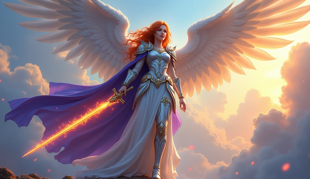 fantasy art, epic fantasy art,  a female angel standing guard in heaven, her wings spread wide, she holds a (fiery sword: 1.2), wearing intricate armor, white armor, she is wearing purple cloak, wearing high heeled boots, flowing cloak, most beautiful angel, (best detailed face: 1.3) orange hair, wavy hair, epic hair, blue eyes, ((glowing blue eyes: 1.3)),  heavenly clouds, rainbow background. divine rays, vibrant, Ultra-high resolution, High Contrast, (masterpiece:1.5), highest quality, Best aesthetics), best details, best quality, highres, ultra wide angle, 16k, [ultra detailed], masterpiece, best quality, (extremely detailed: 1.5),