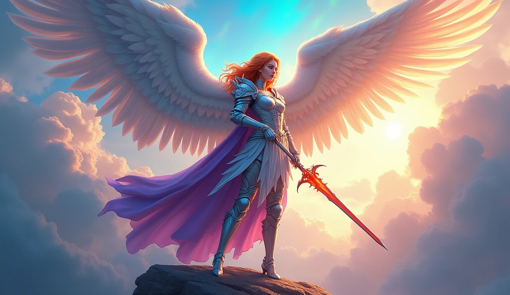 fantasy art, epic fantasy art,  a female angel standing guard in heaven, her wings spread wide, she holds a (fiery sword: 1.2), wearing intricate armor, white armor, she is wearing purple cloak, wearing high heeled boots, flowing cloak, most beautiful angel, (best detailed face: 1.3) orange hair, wavy hair, epic hair, blue eyes, ((glowing blue eyes: 1.3)),  heavenly clouds, rainbow background. divine rays, vibrant, Ultra-high resolution, High Contrast, (masterpiece:1.5), highest quality, Best aesthetics), best details, best quality, highres, ultra wide angle, 16k, [ultra detailed], masterpiece, best quality, (extremely detailed: 1.5),