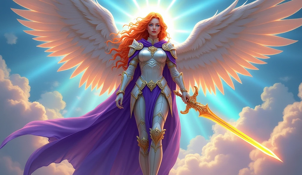 fantasy art, epic fantasy art,  a female angel standing guard in heaven, her wings spread wide, she holds a (fiery sword: 1.2), wearing intricate armor, white armor, she is wearing purple cloak, wearing high heeled boots, flowing cloak, most beautiful angel, (best detailed face: 1.3) orange hair, wavy hair, epic hair, blue eyes, ((glowing blue eyes: 1.3)),  heavenly clouds, rainbow background. divine rays, vibrant, Ultra-high resolution, High Contrast, (masterpiece:1.5), highest quality, Best aesthetics), best details, best quality, highres, ultra wide angle, 16k, [ultra detailed], masterpiece, best quality, (extremely detailed: 1.5),