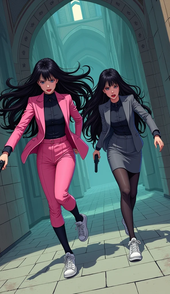 Two womens long black hairs, yuri,
(The first women wear a pink suit, black shirt, pink pencil skirt, black underpants, black tights, white socks, white sneakers)
(The second women wore a grey suit, black shirt, grey pencil skirt, black underpants, black tights, white socks, white sneakers)
holding a handguns, running inside the castle, escape vampire, cartoon novel, 4K, HD
