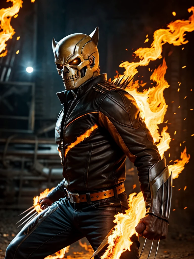 Wolverine as Ghost Rider, transformed, exteremly detailed flames, Masterpiece, High Resolution, Best Quality, High Details, Cowboy Shot, From Side, Looking at viewer, Depth Of Field, skull head on fire, Marvel cinematic Universe, 
