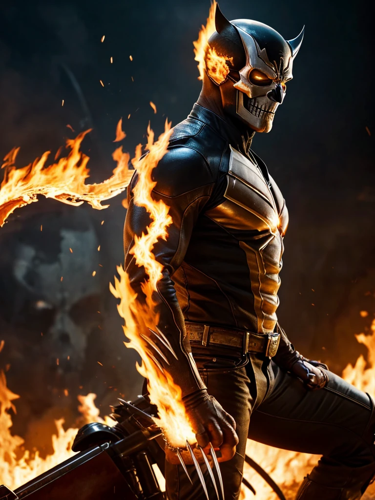 Wolverine as Ghost Rider, transformed, exteremly detailed flames, Masterpiece, High Resolution, Best Quality, High Details, Cowboy Shot, From Side, Looking at viewer, Depth Of Field, skull head on fire, Marvel cinematic Universe, 