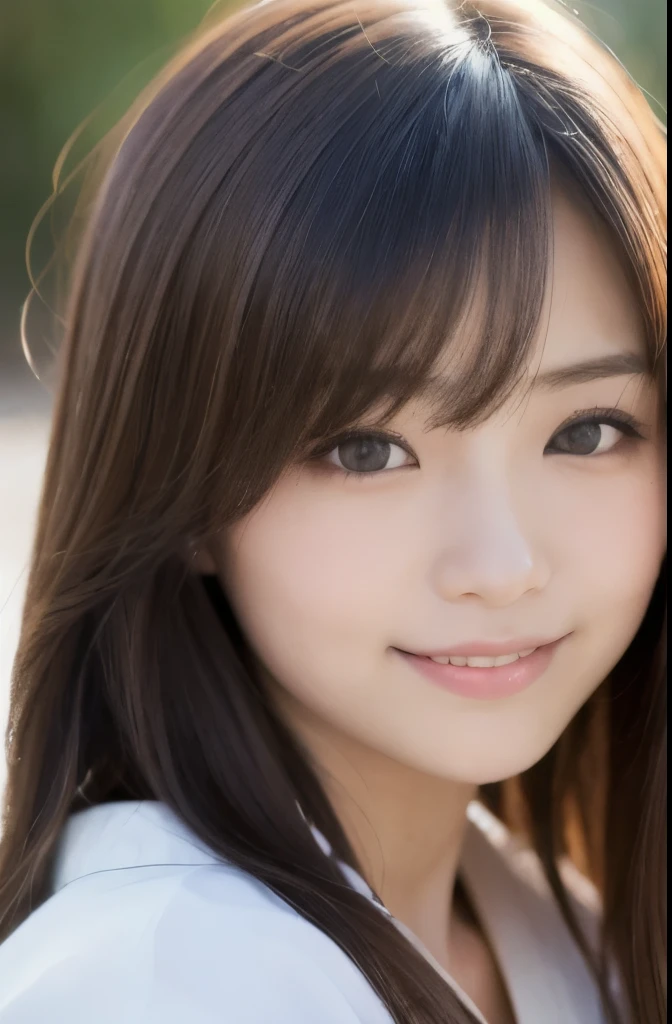 best quality, face focus, soft light, ultra high res, (photorealistic:1.4), RAW photo,(Shinozaki Ai), white skin, kawaii, 1 Japanese girl, solo, cute, (smile), (pupil, lights in the eyes),  detailed beautiful face, large-sized breasts,(high resolution detail of human skin texture),(long hair),(portrait), upper body, white traditional kimono